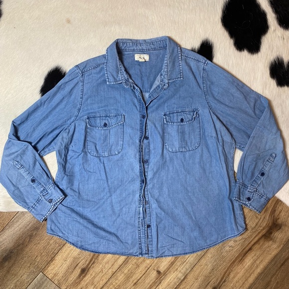 Per Se women's blue denim button-down shirt - Picture 1 of 8
